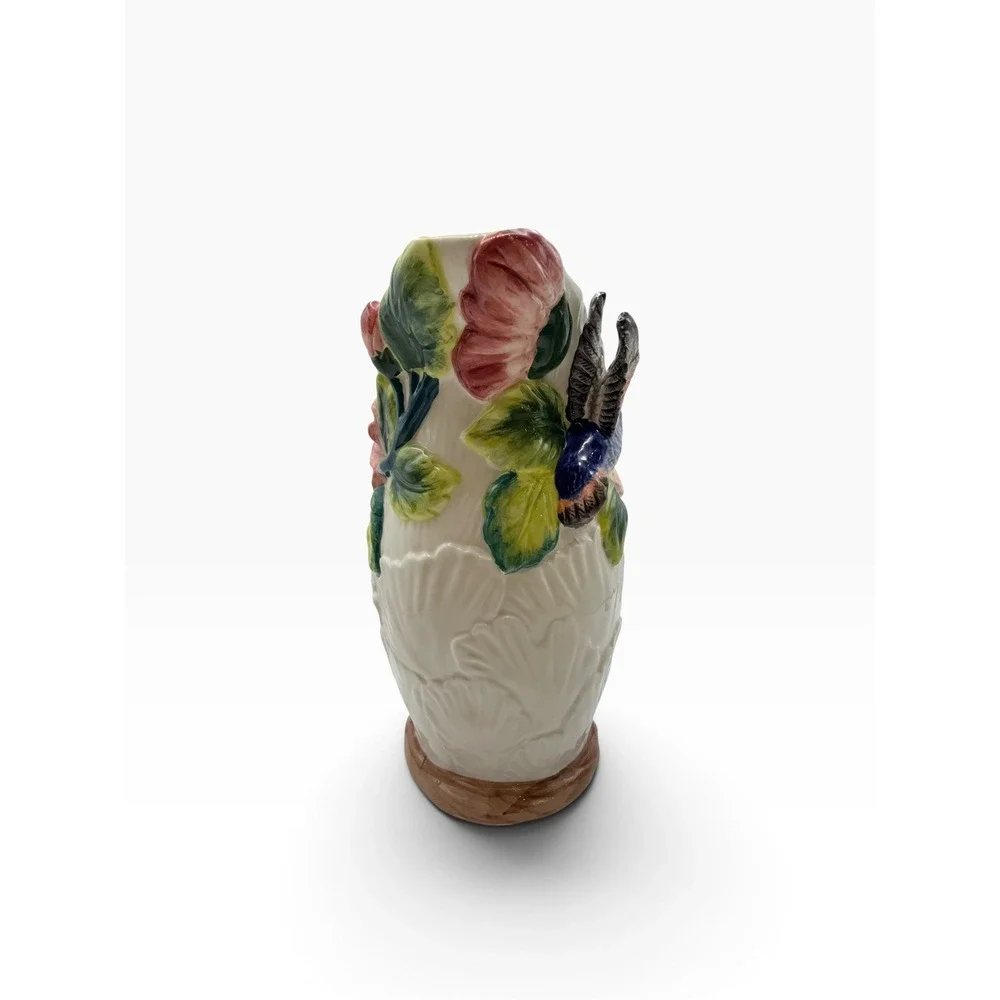 Vintage Hummingbird and Hibiscus Ceramic Pitcher Hand Painted 3D Floral Vase